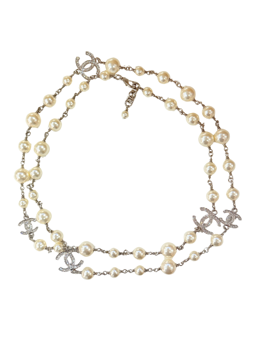 Pearly White with CC Silver Crystal Logo Long Necklace Silver