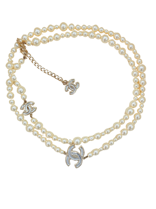 Pearl with CC Logo Long Necklace Lightgold