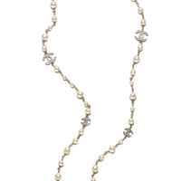 Pearly White with CC Silver Crystal Logo Long Necklace Silver by Chanel - Rental Hong Kong