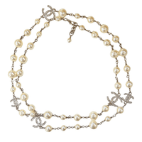 Pearly White with CC Silver Crystal Logo Long Necklace Silver by Chanel - Rental Hong Kong
