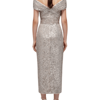 Sequin Off Shoulder Wrap Midi Dress Gold by Self Portrait - Rental Hong Kong