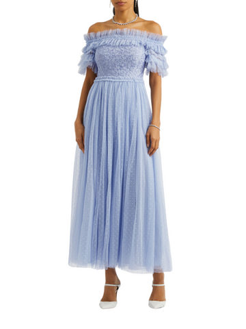 Midsummer Floral-Embroidered Tulle Gown