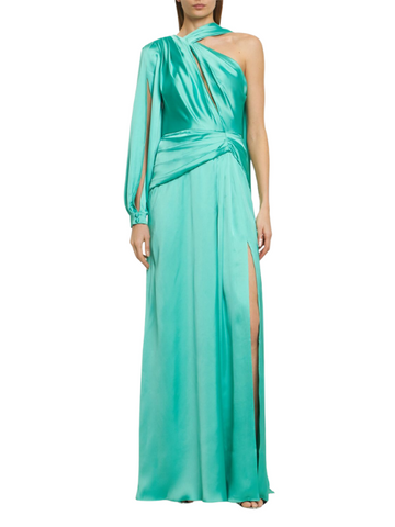 Draped Light Satin One-Sleeve Long Dress