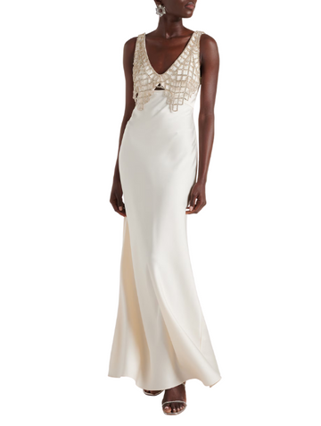 Cream Satin Diamante Bralette Maxi Dress