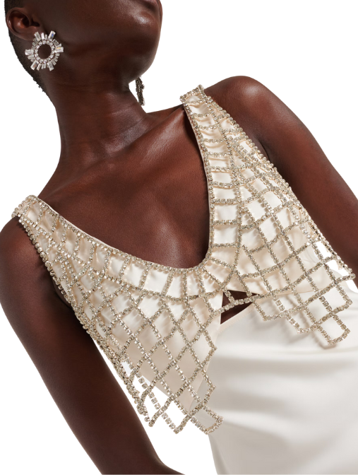 Cream Satin Diamante Bralette Maxi Dress