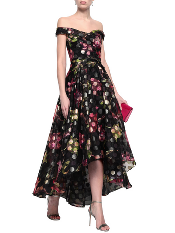 Off-The-Shoulder Floral-Print Metallic Fil Coupé Organza Gown Black