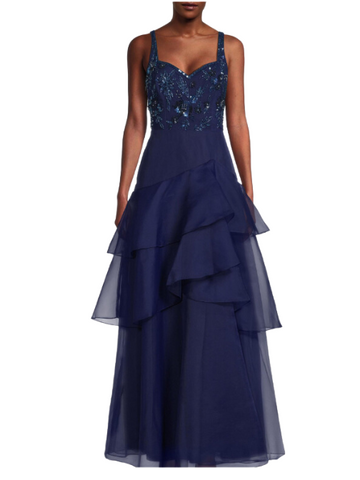 Beaded Organza Frill Ballgown Blue