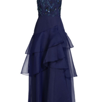 Beaded Organza Frill Ballgown Blue