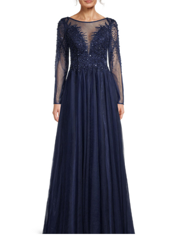 Beaded Tulle Gown Blue
