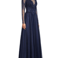 Beaded Tulle Gown Blue
