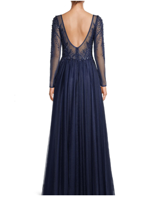 Beaded Tulle Gown Blue