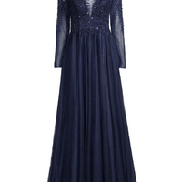Beaded Tulle Gown Blue