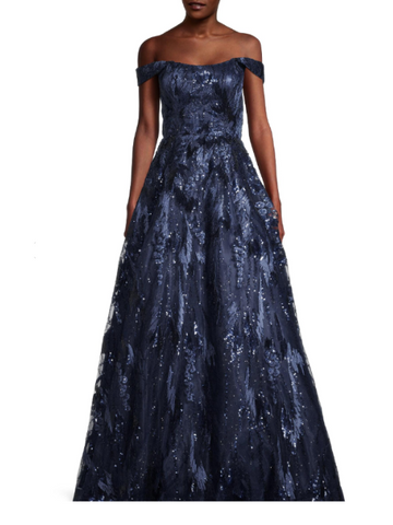Sequin-Embroidered Off-The-Shoulder Gown Blue