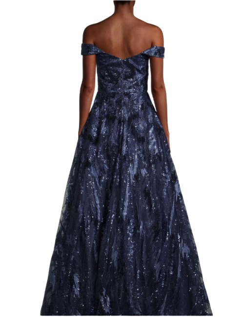 Sequin-Embroidered Off-The-Shoulder Gown Blue