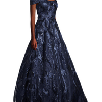 Sequin-Embroidered Off-The-Shoulder Gown Blue