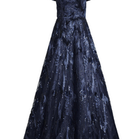 Sequin-Embroidered Off-The-Shoulder Gown Blue