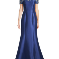 Beaded Off-The-Shoulder Gown Blue