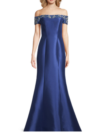 Beaded Off-The-Shoulder Gown Blue