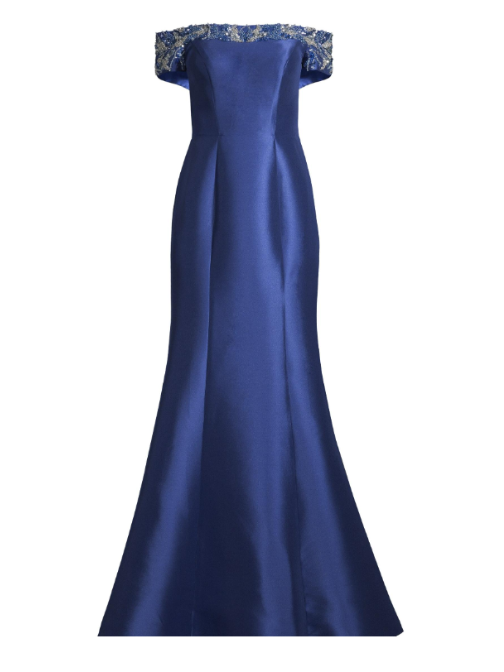 Beaded Off-The-Shoulder Gown Blue