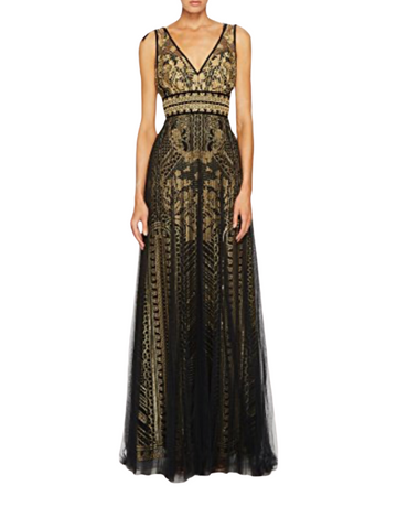 Embroidered Sleeveless Column Gown Gold