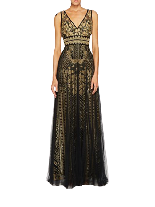 Embroidered Sleeveless Column Gown Gold