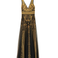 Embroidered Sleeveless Column Gown Gold