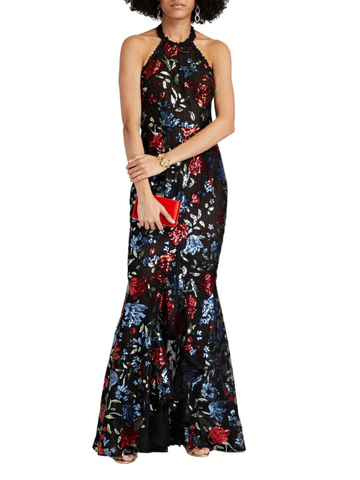 Embellished Ruffled Tulle Halterneck Gown Black