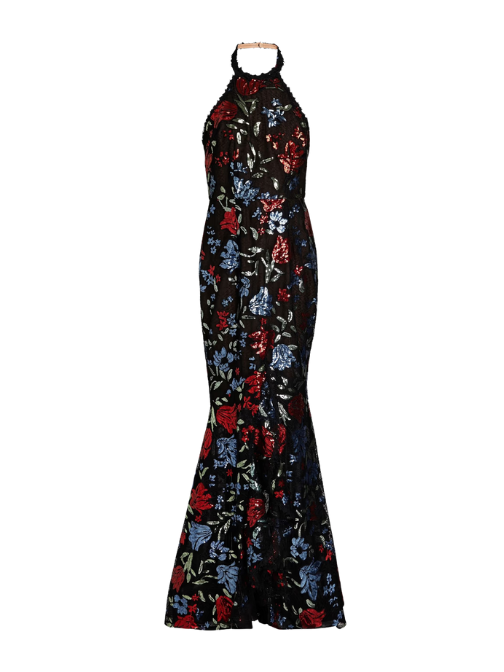 Embellished Ruffled Tulle Halterneck Gown Black