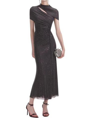 Slate Rhinestone Mesh Cut Out Midi Dress Grey