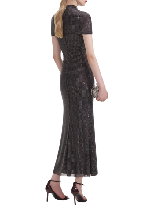 Slate Rhinestone Mesh Cut Out Midi Dress Grey