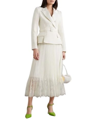 Belted Pleated Satin and Lace-Trimmed Bouclé and Chiffon Midi Dress Cream