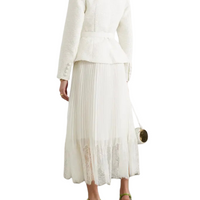 Belted Pleated Satin and Lace-Trimmed Bouclé and Chiffon Midi Dress Cream