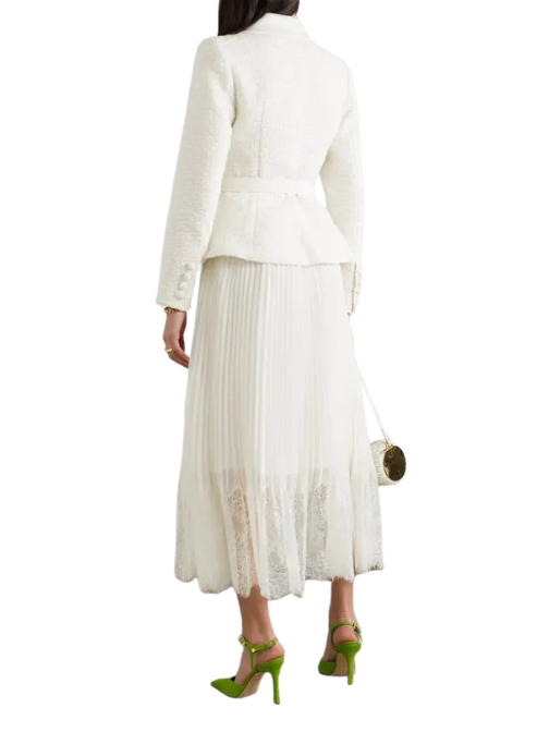 Belted Pleated Satin and Lace-Trimmed Bouclé and Chiffon Midi Dress Cream