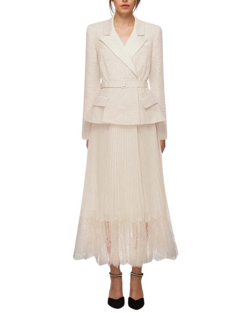 Belted Pleated Satin and Lace-Trimmed Bouclé and Chiffon Midi Dress Cream