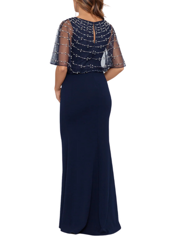 Long Scuba Crepe With Bead Overlay Dress Blue