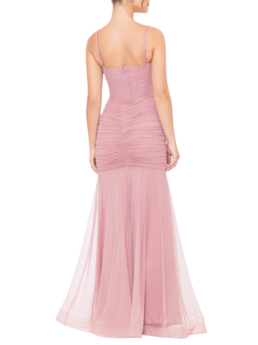 Long Mesh Corset Rouched Mermaid Dress Pink