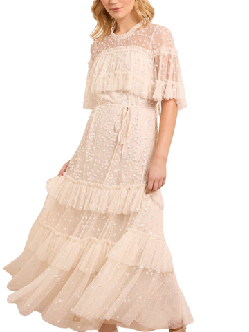 Leila Dot Tiered Cape Ankle Gown Champagne