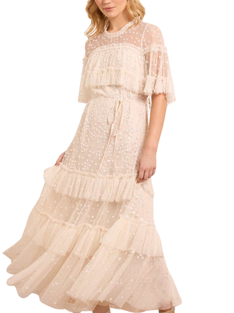 Leila Dot Tiered Cape Ankle Gown Champagne