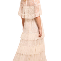 Leila Dot Tiered Cape Ankle Gown Champagne