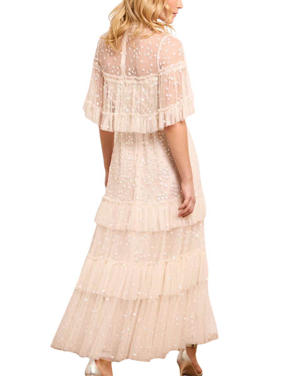 Leila Dot Tiered Cape Ankle Gown Champagne