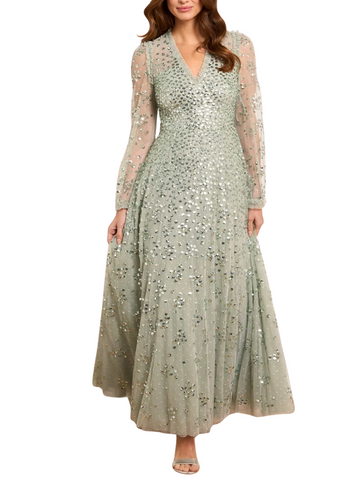 Leila Dot V-Neck Ankle Gown Green