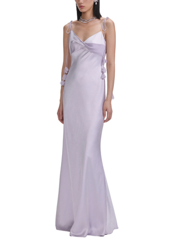 Lilac Flower Satin Maxi Dress Purple