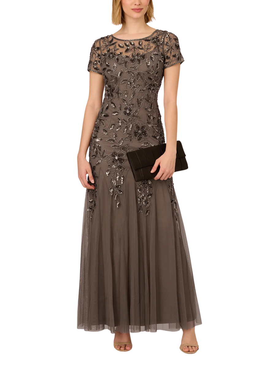 Floral Embroidered Beaded Trumpet Gown