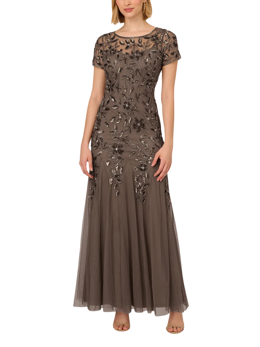 Floral Embroidered Beaded Trumpet Gown