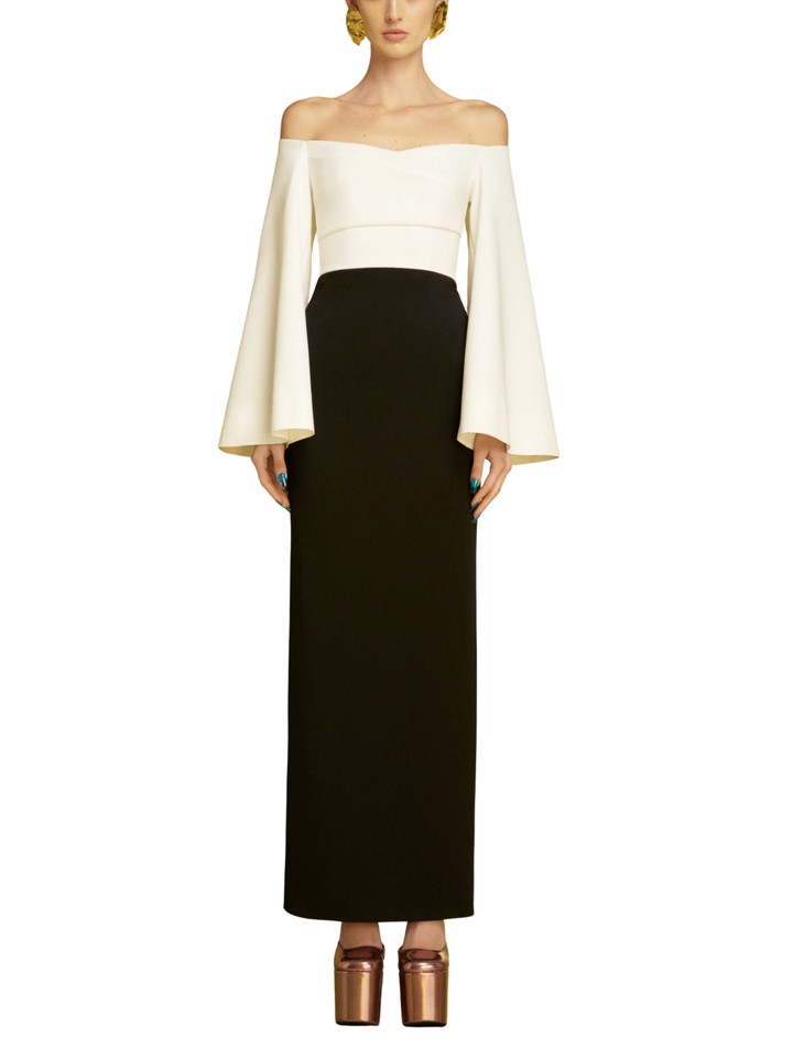 Solace London Eliana Maxi Dress in cream and black front view – elegant asymmetric evening gown rental Hong Kong