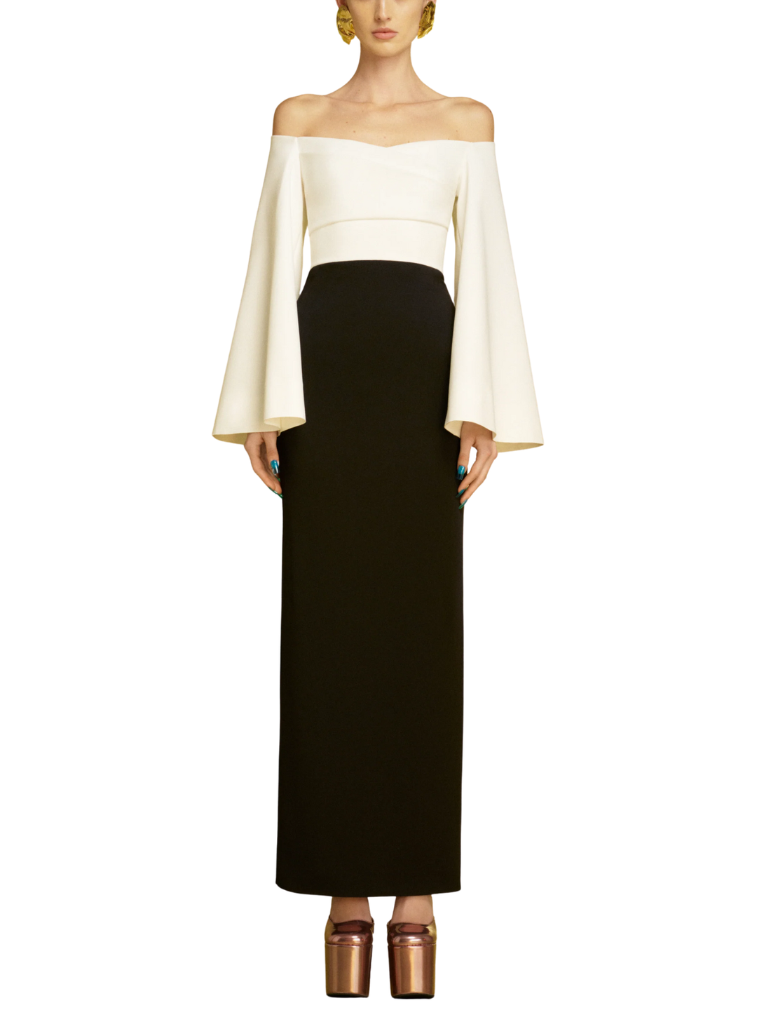 Solace London Eliana Maxi Dress in cream and black front view – elegant asymmetric evening gown rental Hong Kong