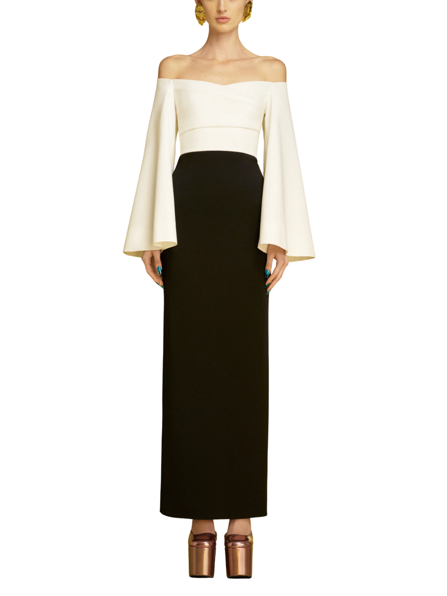 Solace London Eliana Maxi Dress in cream and black front view – elegant asymmetric evening gown rental Hong Kong