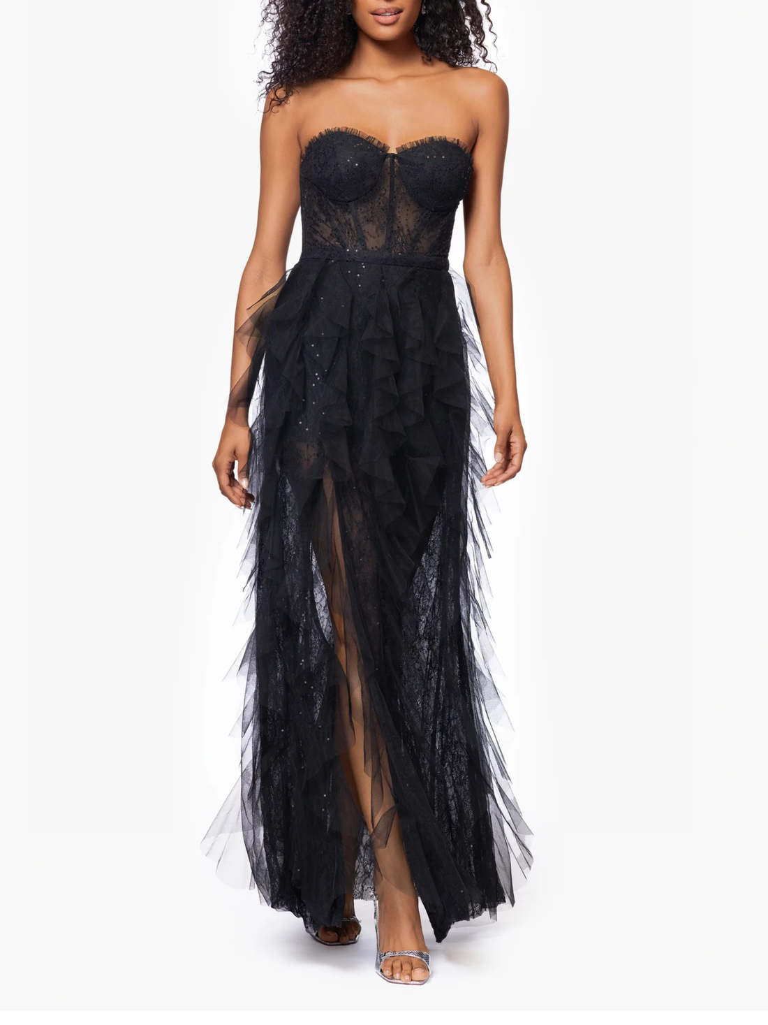 Angelina" Long Strapless Mesh  Ruffle Dress