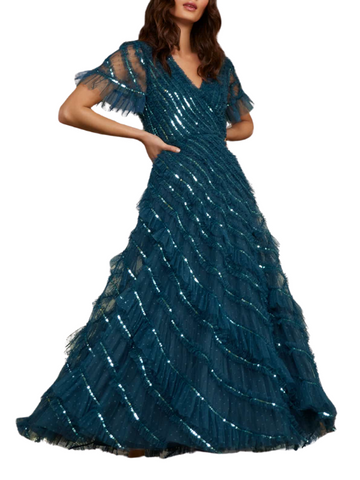 Spiral Sequin V-Neck Ankle Gown