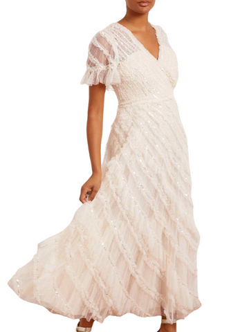 Spiral Sequin V-Neck Ankle Gown